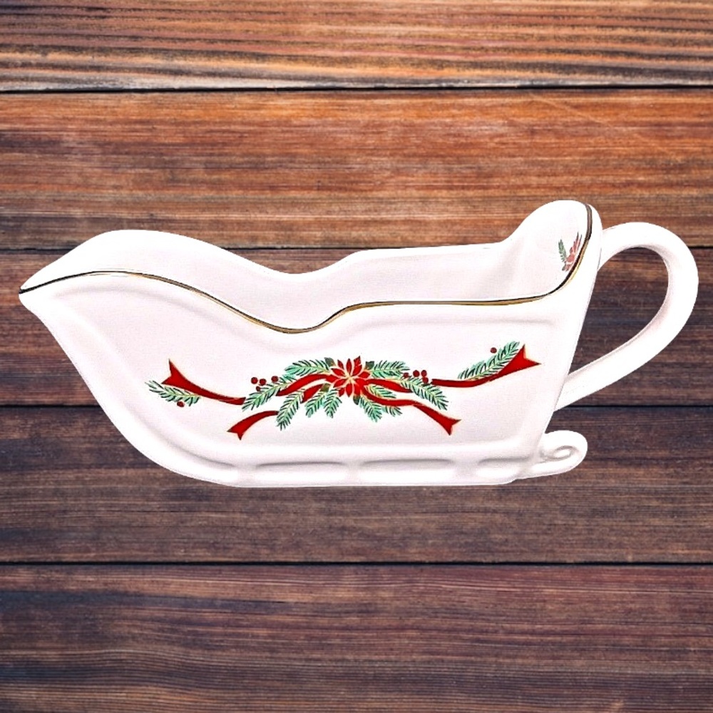 VTG Poinsettia & Ribbons Sleigh-Shape Gravy Boat / Candy Dish